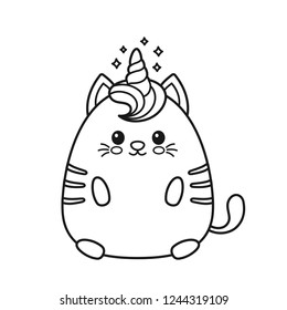 Un felino unicornio alegre y sonriente. Diseño para pantalones infantil, libro coloreado. Chicas, chico. el concepto de libro de dibujo de color de gato unicornio mágico. Aislado sobre fondo blanco
