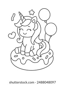 Lindo unicornio sonriente feliz y donut para colorear ilustración de página