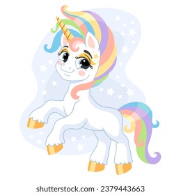 Cute happy smiling unicorn with long mane and tail. Vector illustration in cartoon style is ideal for print and decor kids clothes, fabrics, souvenirs, stickers. Isolated character on white background
