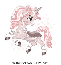 Cute happy smiling unicorn in pastel colors. Vector illustration in cartoon style for print, decor, kids clothes, souvenirs, stickers. Isolated character on white background