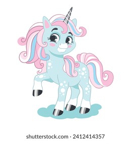 Cute happy smiling unicorn in pastel colors. Vector illustration in cartoon style for print, decor, kids clothes, souvenirs, stickers. Isolated character on white background