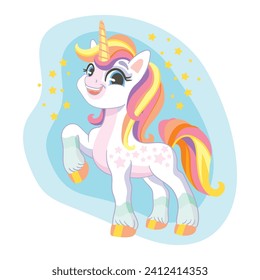 Cute happy smiling unicorn with rainbow main and tail. Isolated character on white background. Vector illustration in cartoon style for print and decor kids clothes, fabrics, souvenirs, stickers.