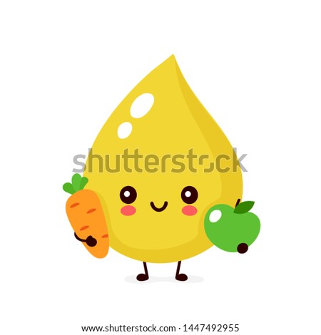 Cute happy smiling urine drop with carrot and apple character. Vector modern trendy flat style cartoon illustration icon design. Isolated on white background. Urine drop character concept
