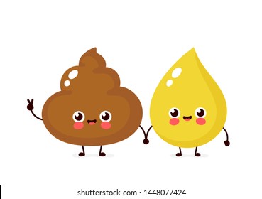 Cute happy smiling urine pee drop and poop friends character. Vector cartoon emoji illustration icon design.Isolated on white background.Urine pee drop face,shit character,excrement ,toilet concept