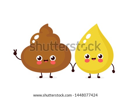Cute happy smiling urine pee drop and poop friends character. Vector cartoon emoji illustration icon design.Isolated on white background.Urine pee drop face,shit character,excrement ,toilet concept