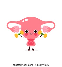 Cute happy smiling uterus doing exercises with dumbbells. Vector modern flat style cartoon character illustration. Isolated on white background.Uterus train concept