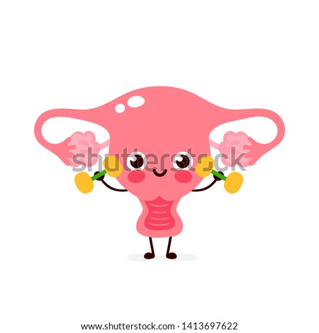 Cute happy smiling uterus doing exercises with dumbbells. Vector modern flat style cartoon character illustration. Isolated on white background.Uterus train concept