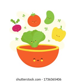 Cute happy smiling vegetables falling in salad bowl. Isolated on white background. Vector cartoon character illustration