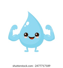 Cute happy smiling water drop show muscle character. Vector hand drawn cartoon kawaii character