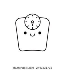 Lindo icono de línea de personaje de la escala de peso sonriente feliz aislado sobre fondo blanco. Ilustración vectorial.