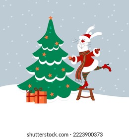 Cute happy smiling white bunny or hare santa claus decorating the green christmas tree. Editable flat style vector illustration