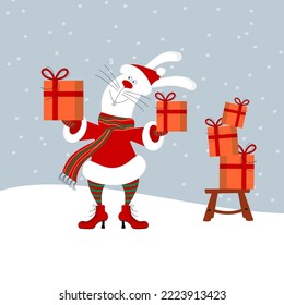 Cute happy smiling white bunny or hare wearing Santa claus clothes holding gift boxis on snowing christmas background. Editable flat style vector illustration