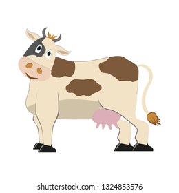 Cute happy, smiling white cow with big eyes and brown spots. Character design. Cartoon vector illustration.