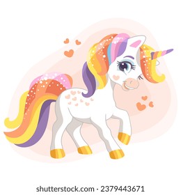 Cute happy smiling white unicorn with rainbow mane. Vector illustration in cartoon style is ideal for print and decor kids clothes, fabrics, souvenirs,stickers. Isolated character on white background