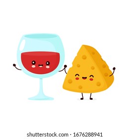 Cute happy smiling wine glass and cheese. Vector cartoon character illustration icon design.Isolated on white background