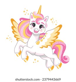 Cute happy smiling wingled and shiny unicorn. Vector illustration in cartoon style is ideal for printing and decor kids clothes, fabrics, souvenirs, stickers. Isolated character on white background.