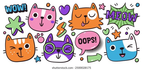 Cute happy smiling and winking cats characters in pop art comic book style and dialog speech bubbles with funny phrases and abbreviation vector illustration. Colorful kitten head portraits collection