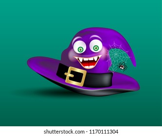 Cute happy smiling witch purple hat and scary funny spider on cobweb on dark green background. Halloween icon or object.