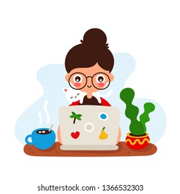 Cute happy smiling young girl at a desk with a laptop and cat.Vector hand drawing flat style illustration icon design. Isolated on white background.Work,teeching at home. Freelance girl concept