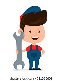 Cute happy smiling young service man hold big spanner.Vector modern flat style cartoon character illustration. Isolated on white background.handyman wearing work clothes. Mechanic Service concept