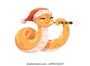 Cute happy snake with flute, playing music for Chinese New Year celebration. 2025 CNY animal symbol, mascot in Santa hat. Funny kids flat cartoon vector illustration isolated on white background
