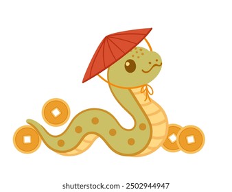 Cute happy snake with traditional asian hat and ancient golden money. Funny 2025 Lunar New Year design mascot. Chinese cartoon character. Flat vector illustration isolated on white background.