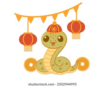 Cute happy snake with a traditional asian hat and festival lantern. Funny 2025 Lunar New Year design mascot. Chinese cartoon character. Flat vector illustration isolated on white background.