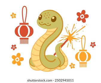 Cute happy snake with a traditional asian festival lantern and fireworks. Funny 2025 Lunar New Year design mascot. Chinese cartoon character. Flat vector illustration isolated on white background.