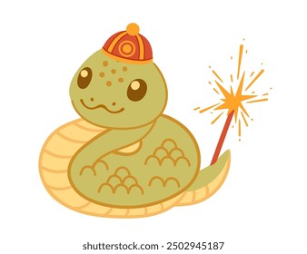 Cute happy snake with traditional asian hat and fireworks. Funny 2025 Lunar New Year design mascot. Chinese cartoon character. Flat vector illustration isolated on white.