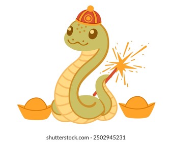 Cute happy snake with traditional asian hat, ancient golden money and fireworks. Funny 2025 Lunar New Year design mascot. Chinese cartoon character. Flat vector illustration isolated on white.