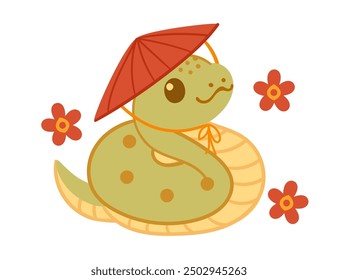 Cute happy snake with traditional asian hat. Funny 2025 Lunar New Year design mascot. Chinese cartoon character. Flat vector illustration isolated on white background.