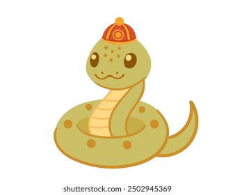 Cute happy snake with traditional asian hat. Funny 2025 Lunar New Year design mascot. Chinese cartoon character. Flat vector illustration isolated on white background.