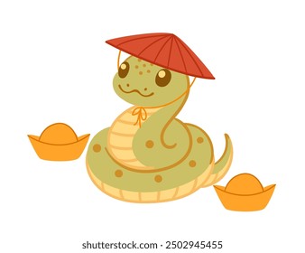 Cute happy snake with traditional asian hat and ancient golden money. Funny 2025 Lunar New Year design mascot. Chinese cartoon character. Flat vector illustration isolated on white background.