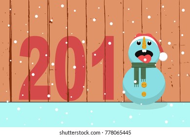 Cute happy snow man in garden eating snow. Merry christmas and happy new 2018 year in winter season with snow man and snow