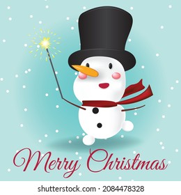 Cute happy snowman celebrating Christmas and Happy New year. Snowman with a sparkler wishing you Merry Christmas. Banner, cards, background. Vector illustration.