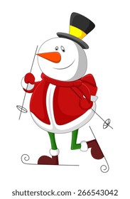 Cute Happy Snowman Character Skiing