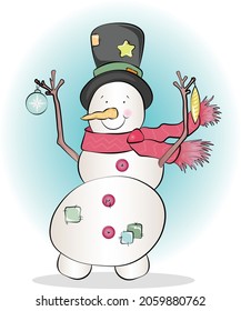 Cute happy snowman with Christmas ornaments isolated on white background vector illustration