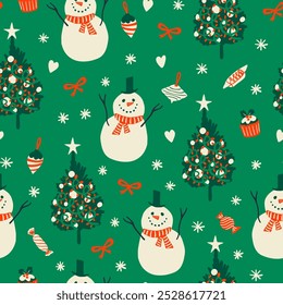 Cute happy snowman, Christmas trees, candies, bows, snowflakes, bows seamless pattern. Holiday season fun print for fabric, wrapping paper design.