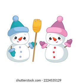 Cute happy snowman in a hat and gloves. Pair of penguins, a girl and a boy. Christmas characters, family. Colored flat vector illustration of a cute snow baby isolated on white background.