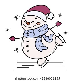 Cute happy snowman on skates. Winter handdrawn illustration. Holiday activities. Cartoon character for Christmas and New year seasonal design.
