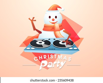 Cute happy snowman in Santa cap and scarf playing music for Christmas party night celebrations on colorful abstract background.