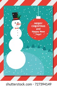 Cute happy snowman wishing merry christmas. vector illustration.