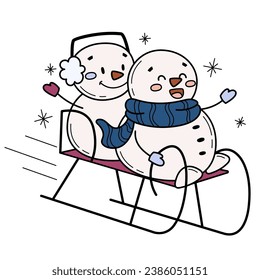 Cute happy snowmen on sleigh. Winter handdrawn illustration. Holiday activities. Cartoon characters for Christmas and New year seasonal design.