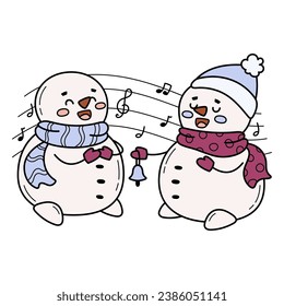 Cute happy snowmen sing carols. Winter handdrawn illustration. Holiday activities. Cartoon characters for Christmas and New year seasonal design.