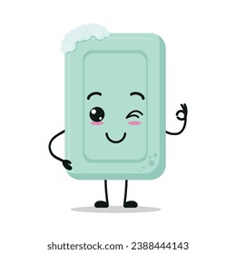 Cute happy soap character. Funny smiling and wink bath cartoon emoticon in flat style. closet vector illustration