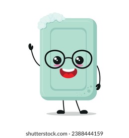 Cute happy soap character wear eyeglasses. Smiling and greet bath cartoon emoticon in flat style. closet vector illustration
