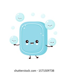 Cute happy soap juggle foam bubble. Vector flat cartoon character illustration icon design. Isolated on white background. Soap bubble concept
