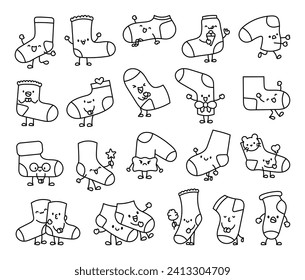 Cute happy sock cartoon character. Coloring Page. Fashion woolen underwear, textile accessories. Hand drawn style. Vector drawing. Collection of design elements.