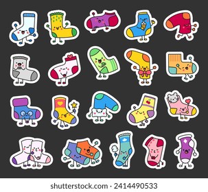 Cute happy sock cartoon character. Sticker Bookmark. Fashion woolen underwear, textile accessories. Hand drawn style. Vector drawing. Collection of design elements.