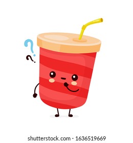 Cute happy soda water cup with question mark. Vector flat cartoon character illustration icon design.Isolated on white background. Soda water,fast food menu concept